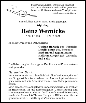 Traueranzeige von Heinz Wernicke von Hildesheimer Allgemeine Zeitung