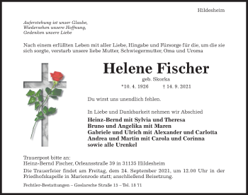 Traueranzeige von Helene Fischer von Hildesheimer Allgemeine Zeitung