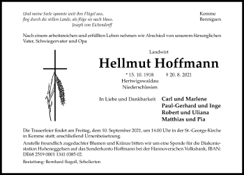 Traueranzeige von Hellmut Hoffmann von Hildesheimer Allgemeine Zeitung