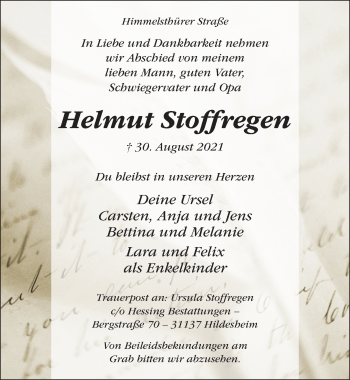 Traueranzeige von Helmut Stoffregen von Hildesheimer Allgemeine Zeitung