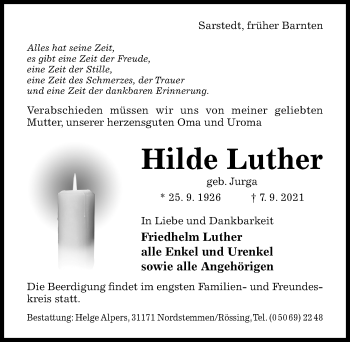 Traueranzeige von Hilde Luther von Hildesheimer Allgemeine Zeitung