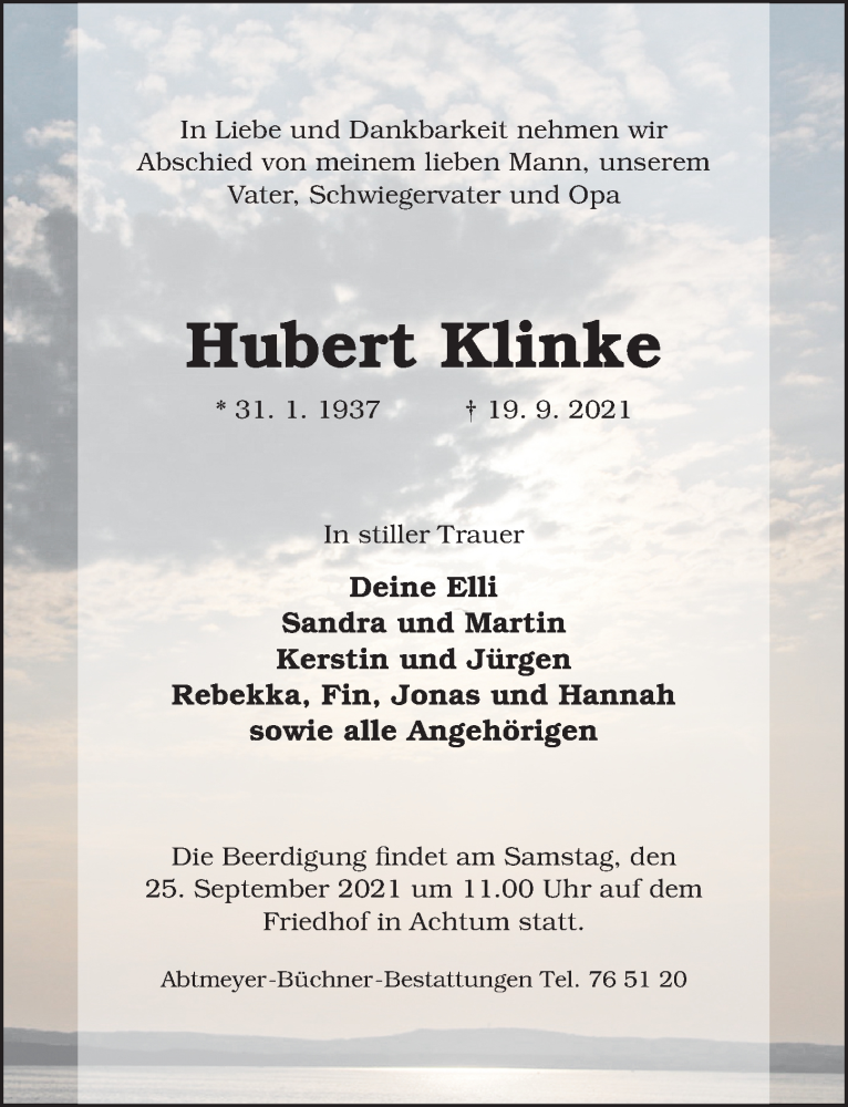  Traueranzeige für Hubert Klinke vom 22.09.2021 aus Hildesheimer Allgemeine Zeitung