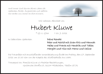 Traueranzeige von Hubert Kluwe von Hildesheimer Allgemeine Zeitung