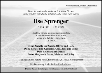 Traueranzeige von Ilse Sprenger von Hildesheimer Allgemeine Zeitung