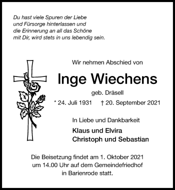 Traueranzeige von Inge Wiechens von Hildesheimer Allgemeine Zeitung
