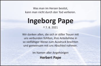 Traueranzeige von Ingeborg Pape von Hildesheimer Allgemeine Zeitung