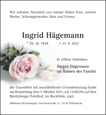 Traueranzeige von Ingrid Hägemann von Hildesheimer Allgemeine Zeitung