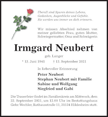 Traueranzeige von Irmgard Neubert von Hildesheimer Allgemeine Zeitung