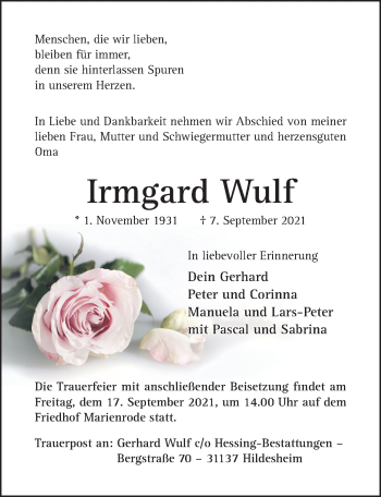 Traueranzeige von Irmgard Wulf von Hildesheimer Allgemeine Zeitung