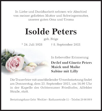 Traueranzeige von Isolde Peters von Hildesheimer Allgemeine Zeitung