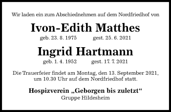 Traueranzeige von Ivon-Edith Matthes von Hildesheimer Allgemeine Zeitung