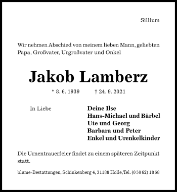 Traueranzeige von Jakob Lamberz von Hildesheimer Allgemeine Zeitung