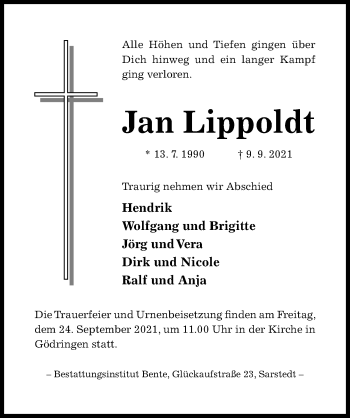 Traueranzeige von Jan Lippoldt von Hildesheimer Allgemeine Zeitung