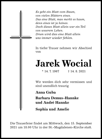 Traueranzeige von Jarek Wocial von Hildesheimer Allgemeine Zeitung