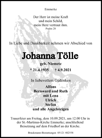 Traueranzeige von Johanna Tölle von Hildesheimer Allgemeine Zeitung