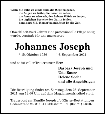 Traueranzeige von Johannes Joseph von Hildesheimer Allgemeine Zeitung