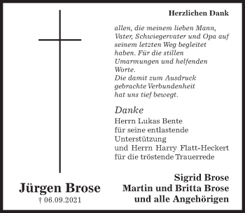 Traueranzeige von Jürgen Brose von Hildesheimer Allgemeine Zeitung