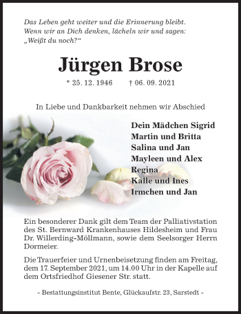 Traueranzeige von Jürgen Brose von Hildesheimer Allgemeine Zeitung