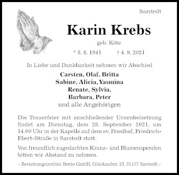 Traueranzeige von Karin Krebs von Hildesheimer Allgemeine Zeitung
