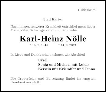 Traueranzeige von Karl-Heinz Nölle von Hildesheimer Allgemeine Zeitung