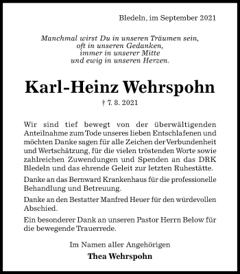 Traueranzeige von Karl-Heinz Wehrspohn von Hildesheimer Allgemeine Zeitung