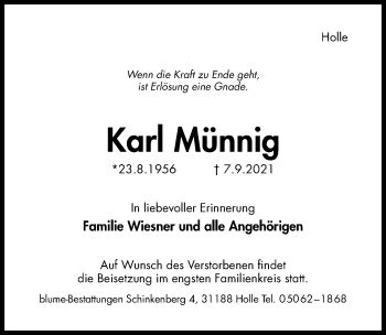 Traueranzeige von Karl Münnig von Hildesheimer Allgemeine Zeitung