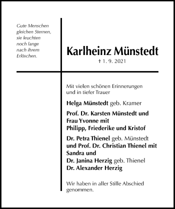 Traueranzeige von Karlheinz Münstedt von Hildesheimer Allgemeine Zeitung