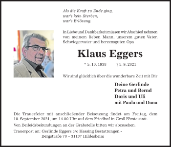 Traueranzeige von Klaus Eggers von Hildesheimer Allgemeine Zeitung