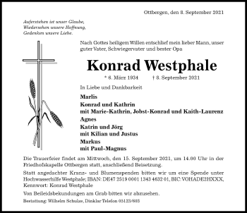Traueranzeige von Konrad Westphale von Hildesheimer Allgemeine Zeitung