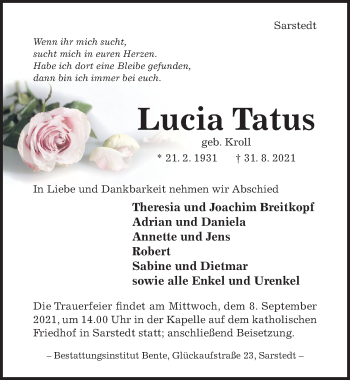 Traueranzeige von Lucia Tatus von Hildesheimer Allgemeine Zeitung