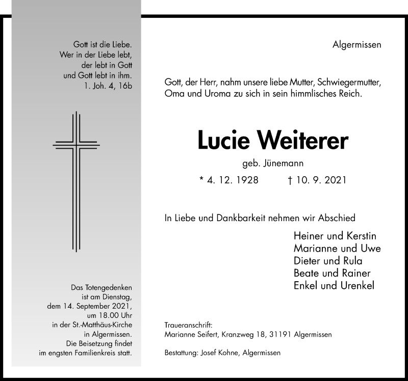 Traueranzeige für Lucie Weiterer vom 14.09.2021 aus Hildesheimer Allgemeine Zeitung