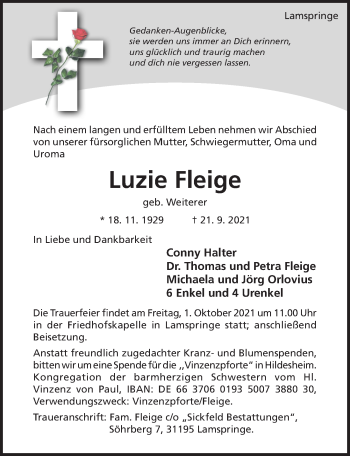 Traueranzeige von Luzie Fleige von Hildesheimer Allgemeine Zeitung