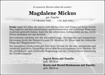 Traueranzeige von Magdalene Mickus von Hildesheimer Allgemeine Zeitung