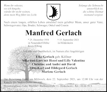 Traueranzeige von Manfred Gerlach von Hildesheimer Allgemeine Zeitung