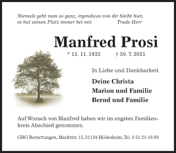 Traueranzeige von Manfred Prosi von Hildesheimer Allgemeine Zeitung