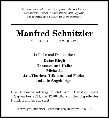 Traueranzeige von Manfred Schnitzler von Hildesheimer Allgemeine Zeitung