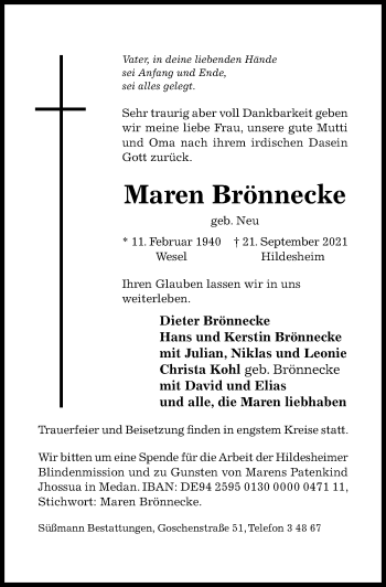 Traueranzeige von Maren Brönnecke von Hildesheimer Allgemeine Zeitung