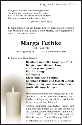 Traueranzeige von Marga Fethke von Hildesheimer Allgemeine Zeitung