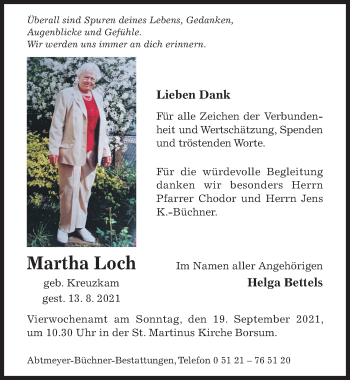 Traueranzeige von Martha Loch von Hildesheimer Allgemeine Zeitung