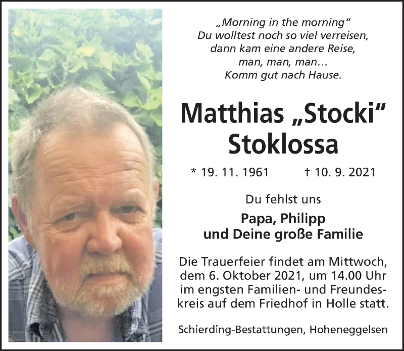  Traueranzeige für Matthias Stoklossa vom 15.09.2021 aus Hildesheimer Allgemeine Zeitung