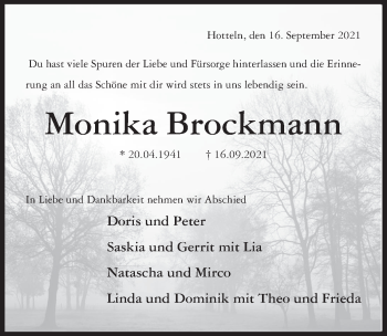 Traueranzeige von Monika Brockmann von Hildesheimer Allgemeine Zeitung