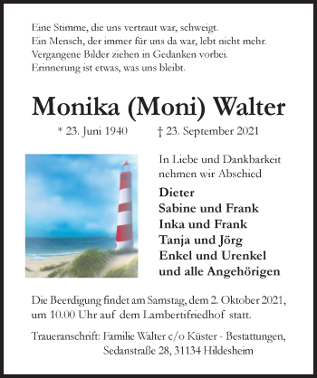 Traueranzeige von Monika Walter von Hildesheimer Allgemeine Zeitung