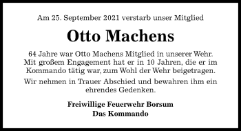 Traueranzeige von Otto Machens von Hildesheimer Allgemeine Zeitung