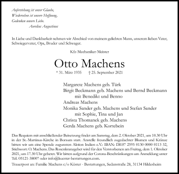 Traueranzeige von Otto Machens von Hildesheimer Allgemeine Zeitung