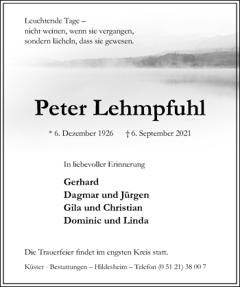 Traueranzeige von Peter Lehmpfuhl von Hildesheimer Allgemeine Zeitung