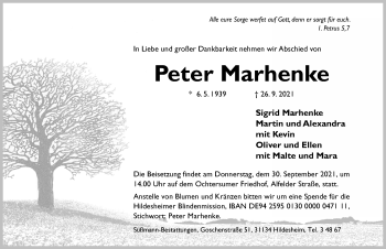 Traueranzeige von Peter Marhenke von Hildesheimer Allgemeine Zeitung