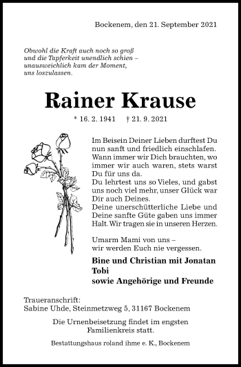 Traueranzeige von Rainer Krause von Hildesheimer Allgemeine Zeitung