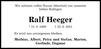 Traueranzeige von Ralf Heeger von Hildesheimer Allgemeine Zeitung
