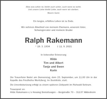 Traueranzeige von Ralph Rakemann von Hildesheimer Allgemeine Zeitung