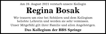 Traueranzeige von Regina Bosak von Hildesheimer Allgemeine Zeitung